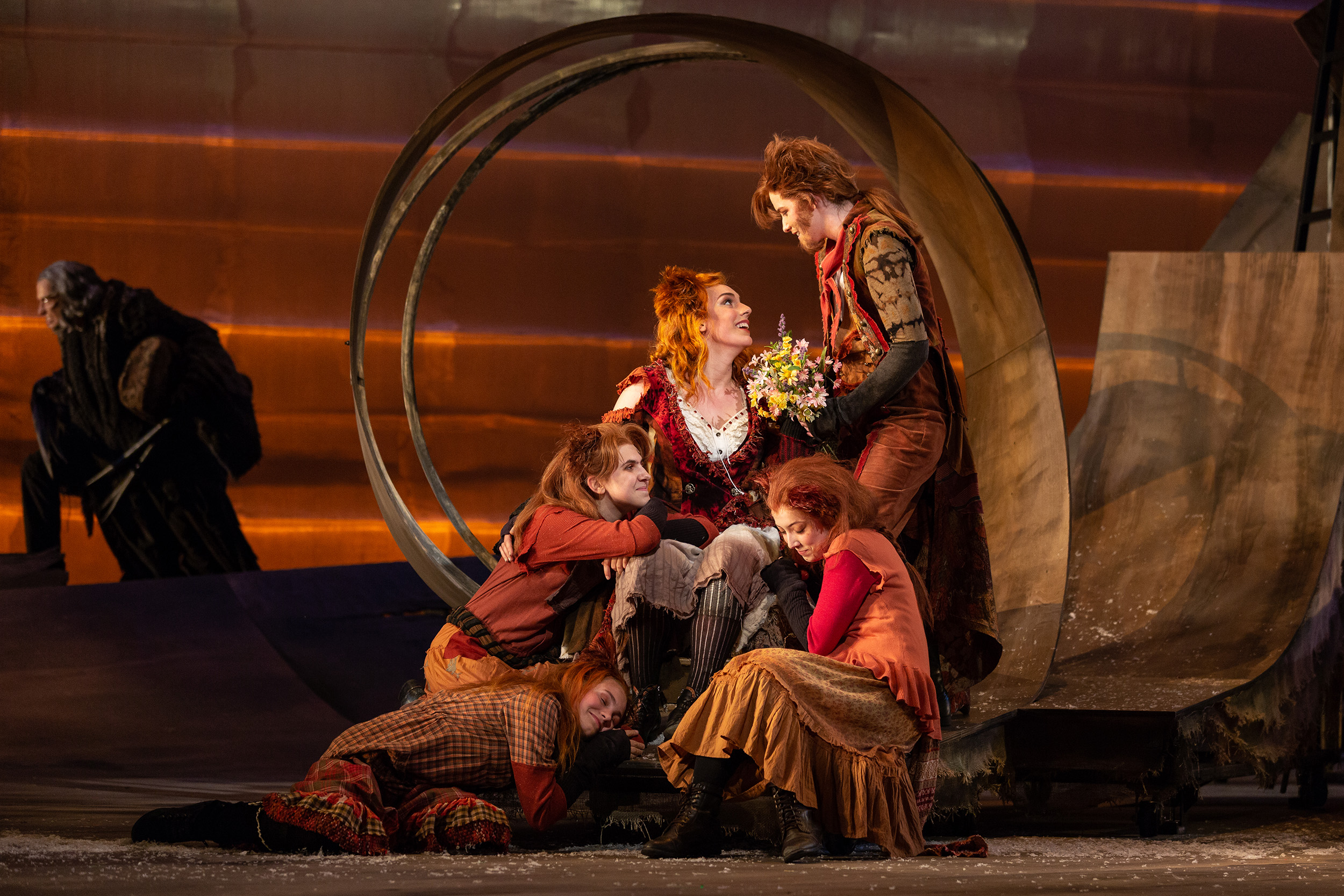  CLockwise from left: Lilly Grady and Catie LeCours as kits, Joanna Latini as the Vixen, Alyssa Martin as the Fox, and Maggie Stephens as a kit in The Glimmerglass Festival's 2018 production of Janáček's  The Cunning Little Vixen . 