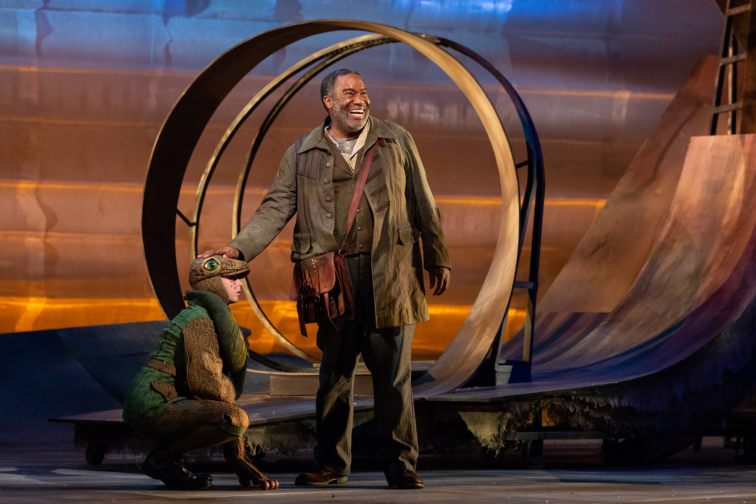  Emma Novak as the Frog and Eric Owens as the Forester in The Glimmerglass Festival's 2018 production of Janáček's  The Cunning Little Vixen . 