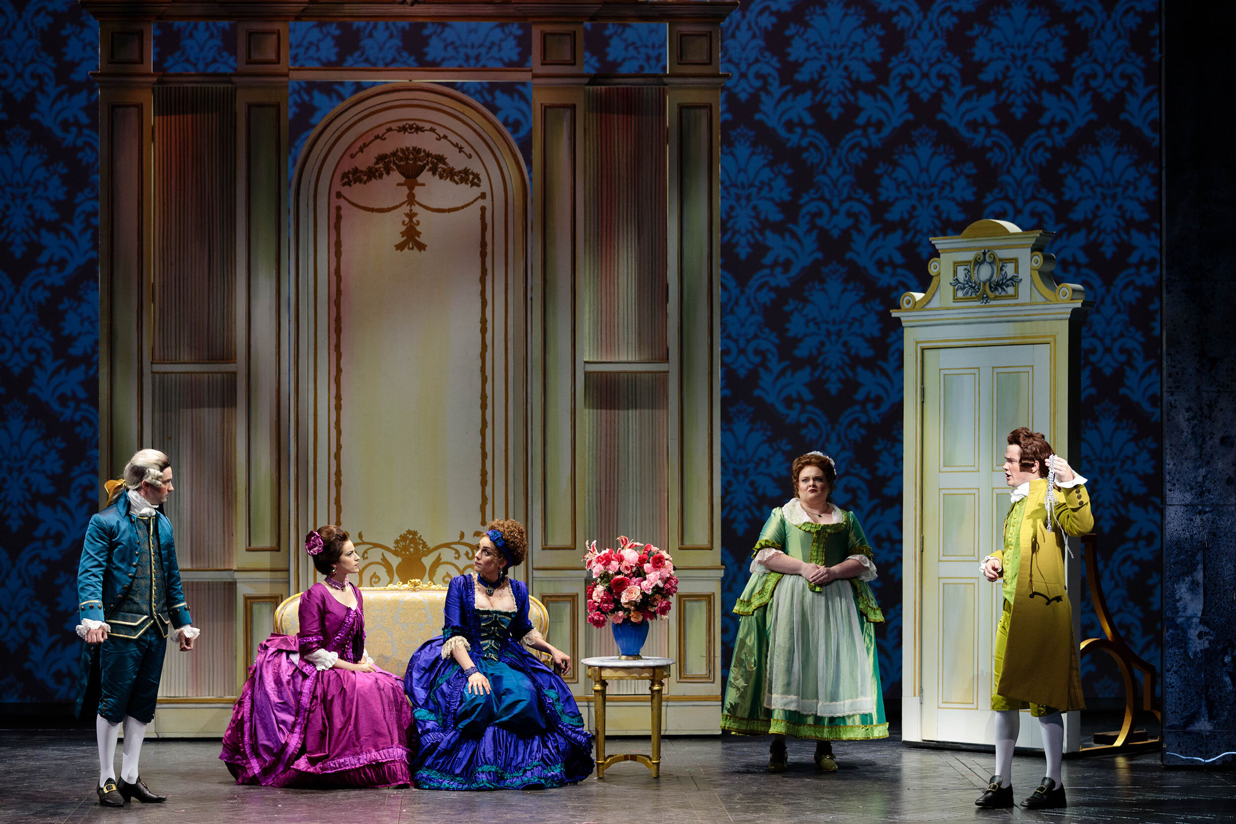  Brian Wallin as Count Almaviva, Emily Mirsch as Florestine, Joanna Latini as Rosina, Kayla Siembieda as Susanna, and Ben Schaefer as Figaro in The Glimmerglass Festival's 2019 production of  The Ghosts of Versailles . 