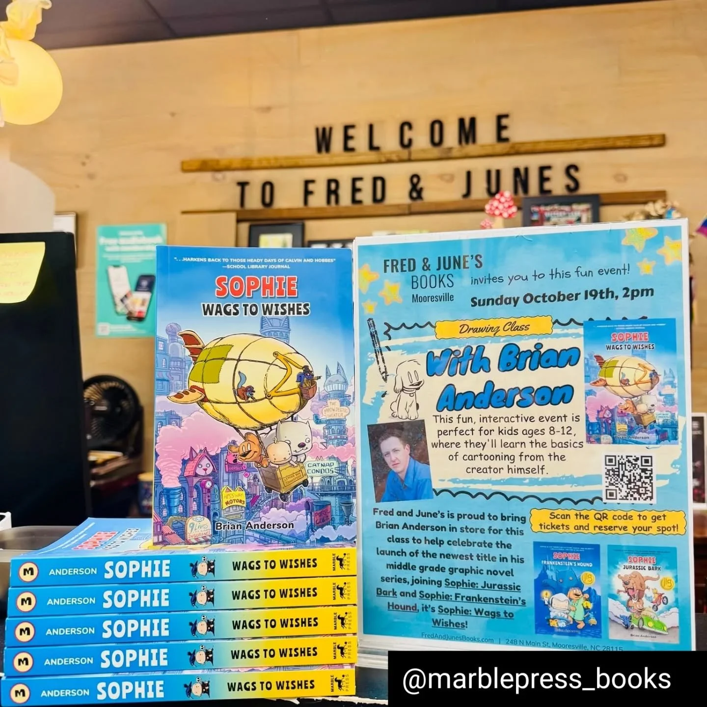 Reposted from @marblepress_books Our favorite bookstore in Mooresville, NC @fredandjunes is getting ready for a book launch of Sophie 3: Wags to Wishes  and drawing lesson with @d@dogeatdougcomics  this Sunday, October 19th at 2pm 

Join us at our Mo