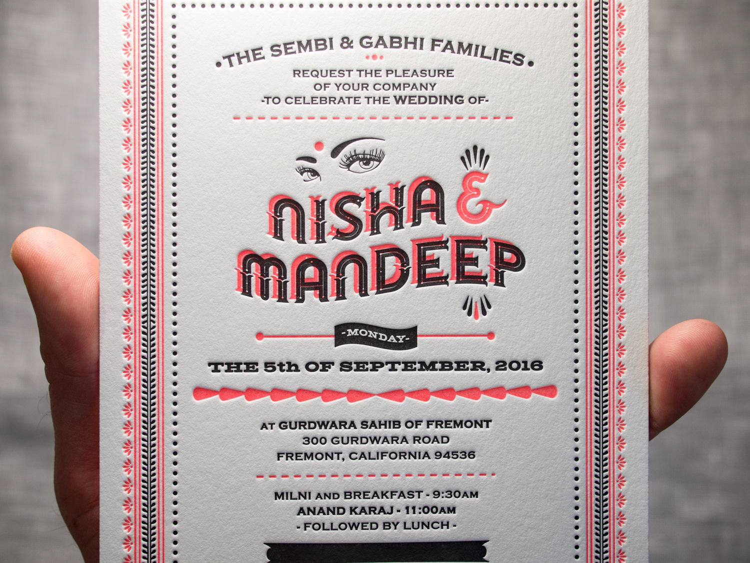 Fluorescent Orange Indian Letterpress Invitation