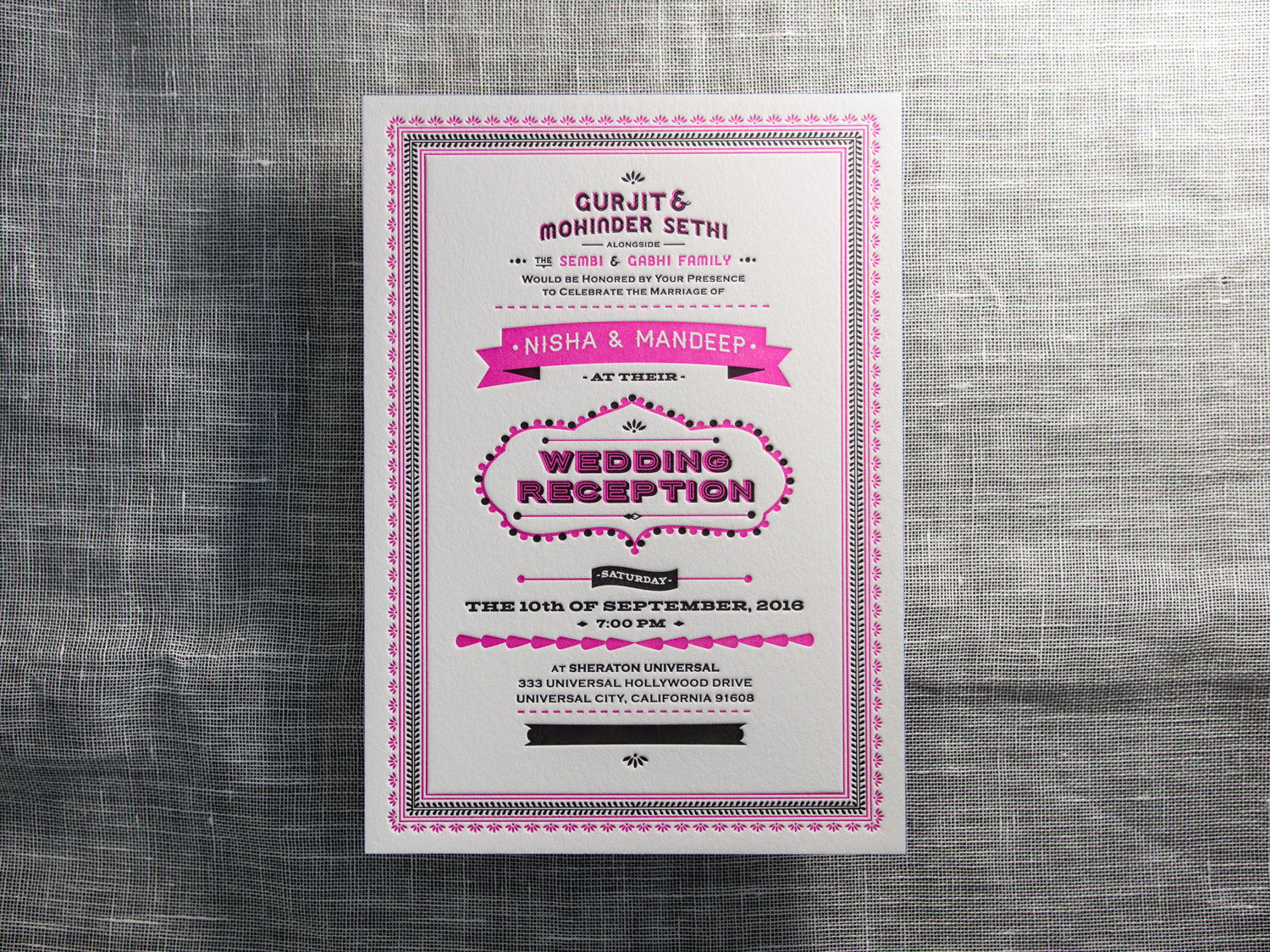 Neon Pink Letterpress Wedding Invitation