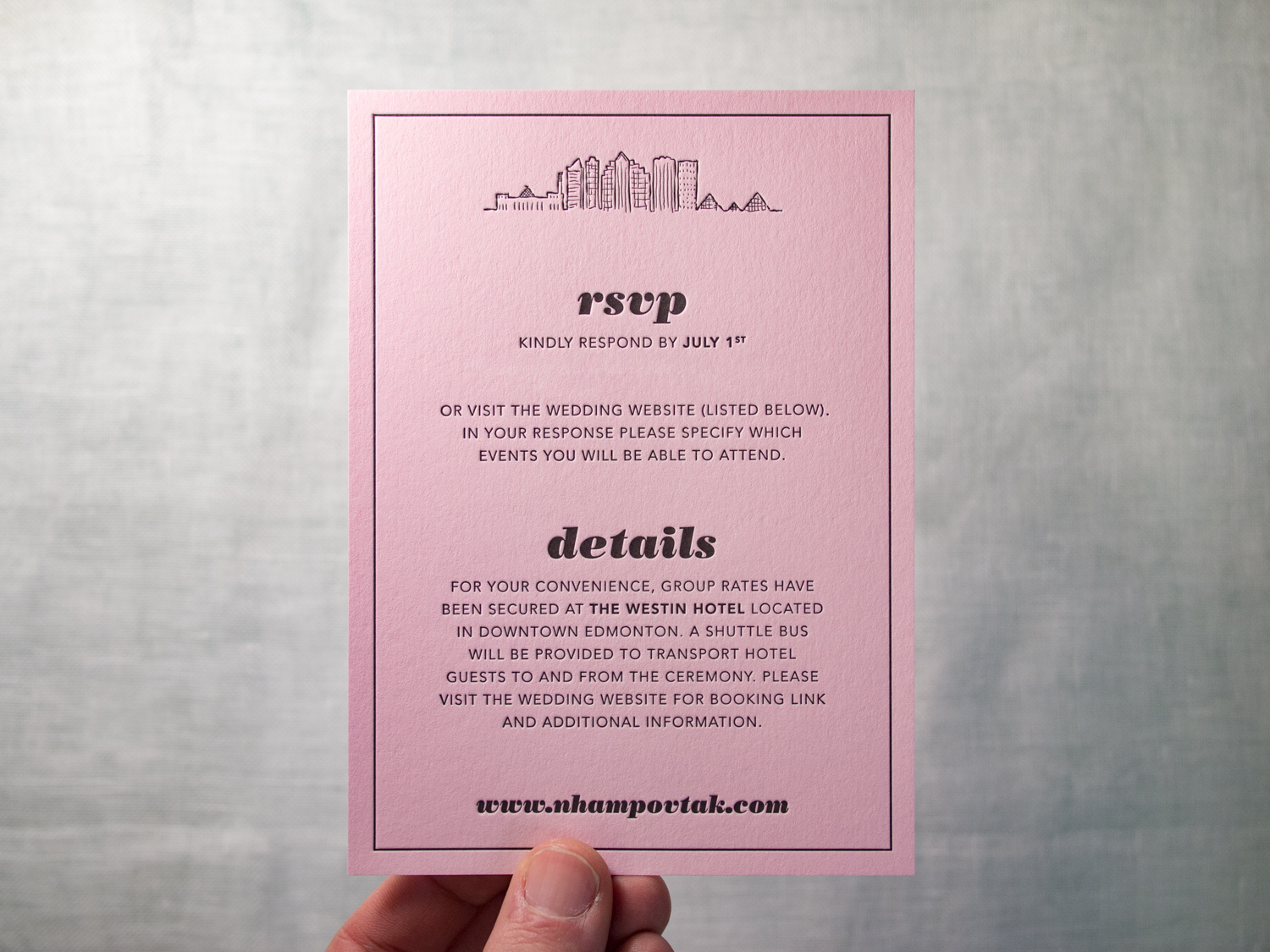 Letterpress Details Card on Colorplan Candy Pink