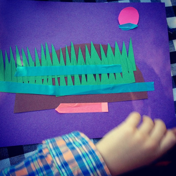 Silas, 5, creates a set with construction paper & washi tape