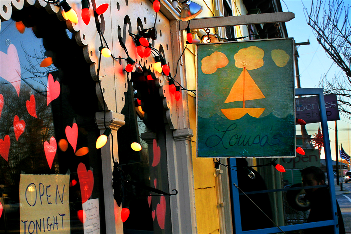 Louisa's restaurant on Jackson Street is a wonderful place to spend a romantic dinner over Valentines Day with your loved one. Call ahead to plan in advance and be sure to bring your favorite bottle of wine (conveniently, Colliers Liquor is half a block away). Louisa's hung a copy of my (Michael Longfellow) photograph in their dining room. Look for it, tell them we sent you, and then ask for the bread pudding with vanilla whiskey sauce. 
