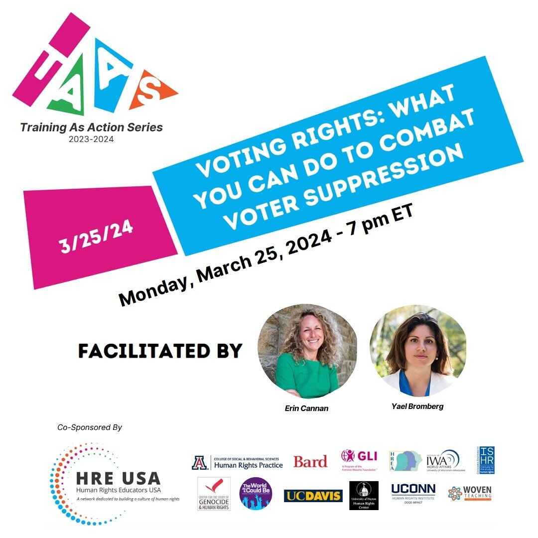 Please join our colleagues at HRE USA on Monday, March 25 at 7:00 pm ET for the next TAAS session, Voting Rights: What You Can Do To Combat Voter Suppression.
&nbsp;
Register: tinyurl.com/taas-24-mar25
&nbsp;
This session will be about the right to v