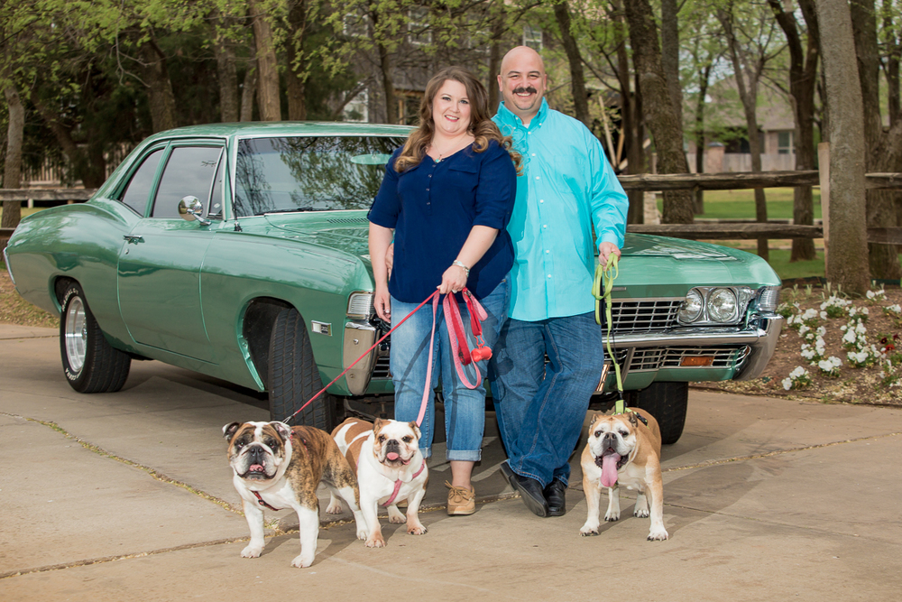 Bulldogs and classic car engagement session in Norman, Oklahoma.