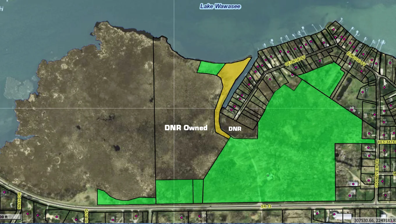 Wawasee Area Conservancy Foundation closed the deal on the purchase of approximately 2.04 acres late Friday afternoon adjacent to the WACF Educational Center. The newly purchased property is shown in yellow, while the green colored area show the existing WACF property at that location. The purchase, from Hugh and Jackie Dunithan. This purchase now gives WACF 562 feet of lake frontage at this location and close to 46.21 acres next to one of the largest remaining wetlands on the lake, Conklin Bay. The two parcels shown owned by the DNR was deeded to the state agency in a court settlement.