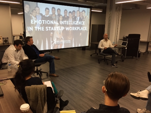 Junto leading an SI workshop on "Emotional Intelligence in the Startup Workplace". Ramzey Nassar, JuntoII, and Dave Dyson, Junto I, lead the conversation (on left), with Raman Chadha, JuntoTeam, moderating (on right).