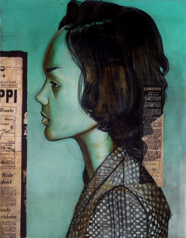Lucretia Collins, 21, Nashville, TN. Arrested 5/24/1961 in Jackson, MS 48" x 72" (2011) Oil, Acrylic, Iron Oxide & Collage For full article click here