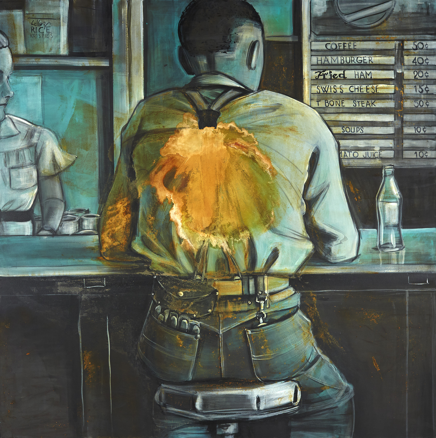 "Fried Ham 20 Cents" 2014, 4' x 4'. Materials: Acrylic, iron oxide oil paint and copper salt wash on canvas.