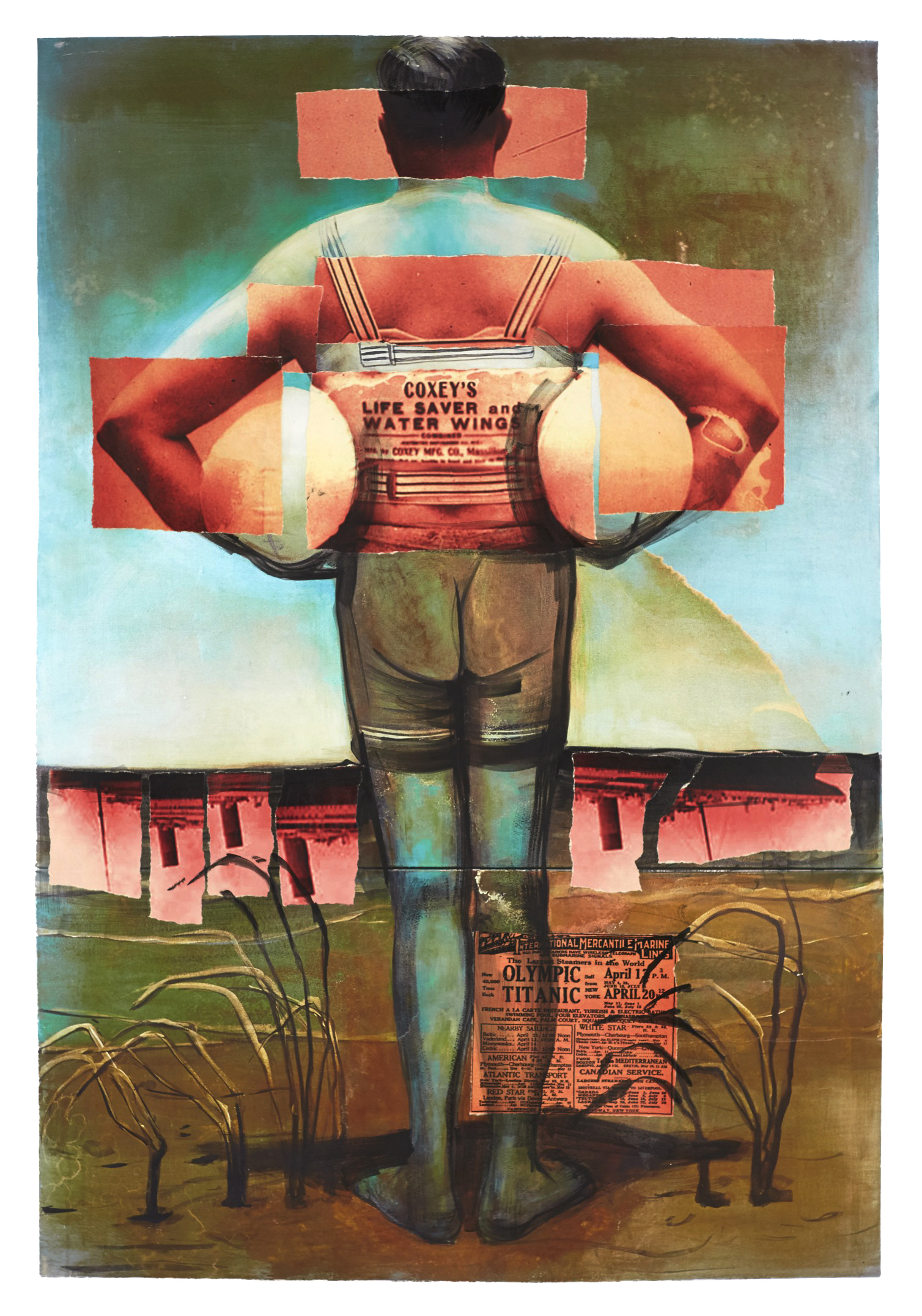 Coxey's Lifesavers and Water Wings, 2014, 4' x 6' Diptych. Materials: Acrylic, iron oxide oil paint, copper salt wash and collage on canvas.
