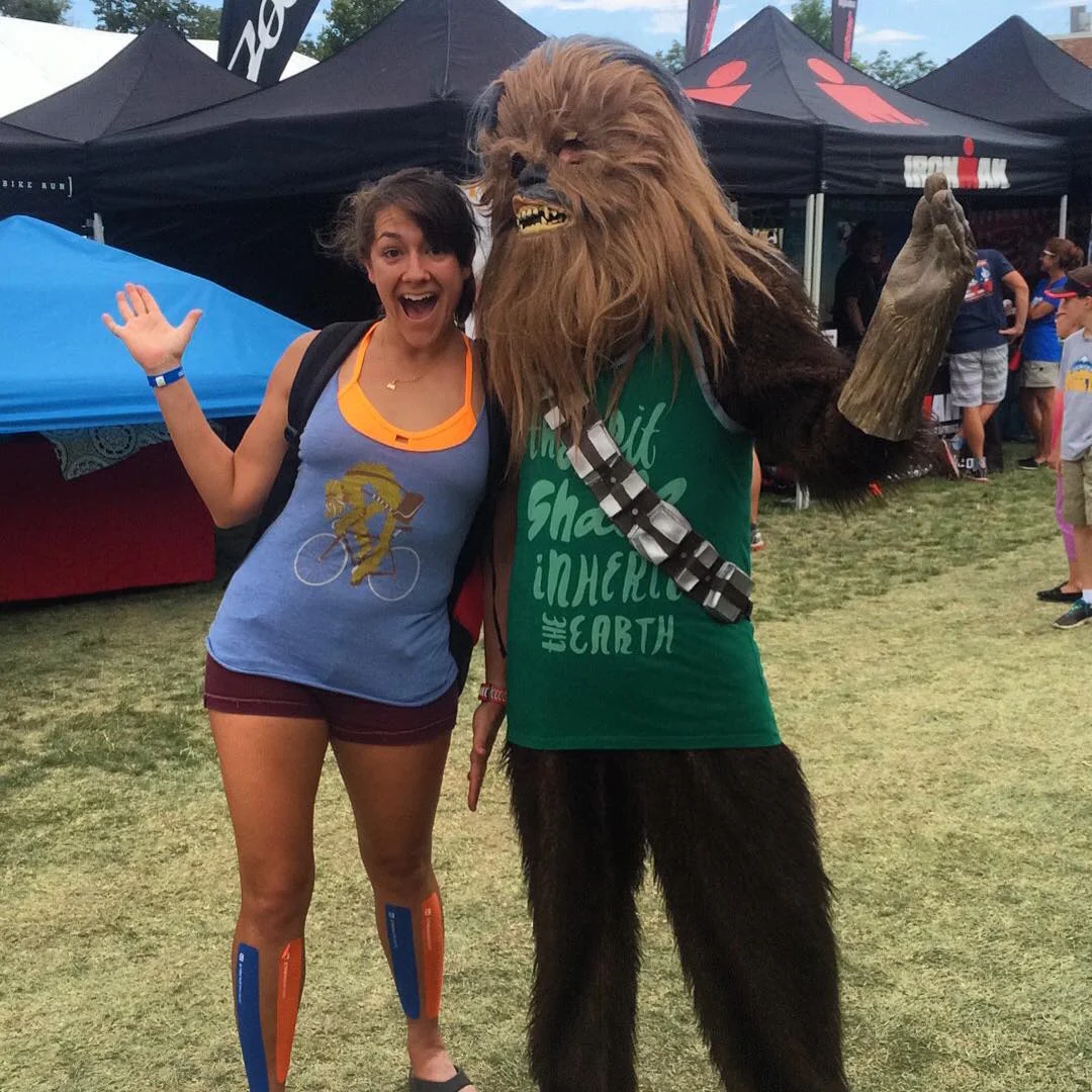 Rocking the Mets colored shin tape at the Ironman Boulder expo with my Wookie at my side. (He gave me a voucher for a free margarita since I was wearing his shirt. But seriously: would WOULDN'T wear this shirt?!