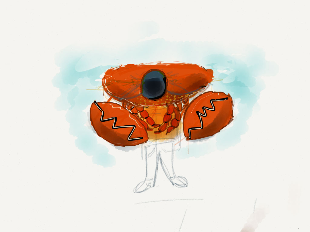 A very early concept sketch for the protagonist crab's costume. The costume wouldn't have ended up much like. There was a lot more exploration to go before I could arrive at a final design. Click to enlarge.