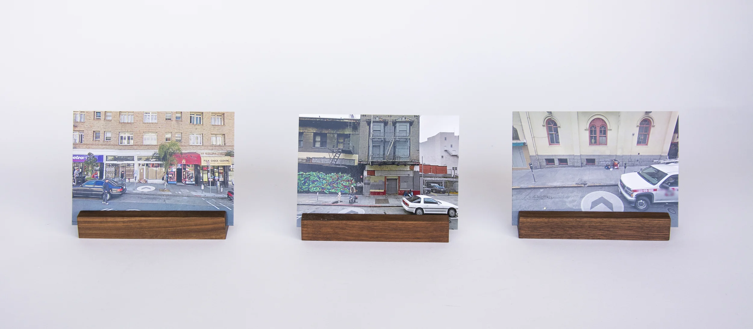 COLL.EO A NEW AMERICAN DREAM (2014) Digital photographs, three walnut wooden postcard holders (5 x 1 inches each), postcards (4 x 6 inches each)