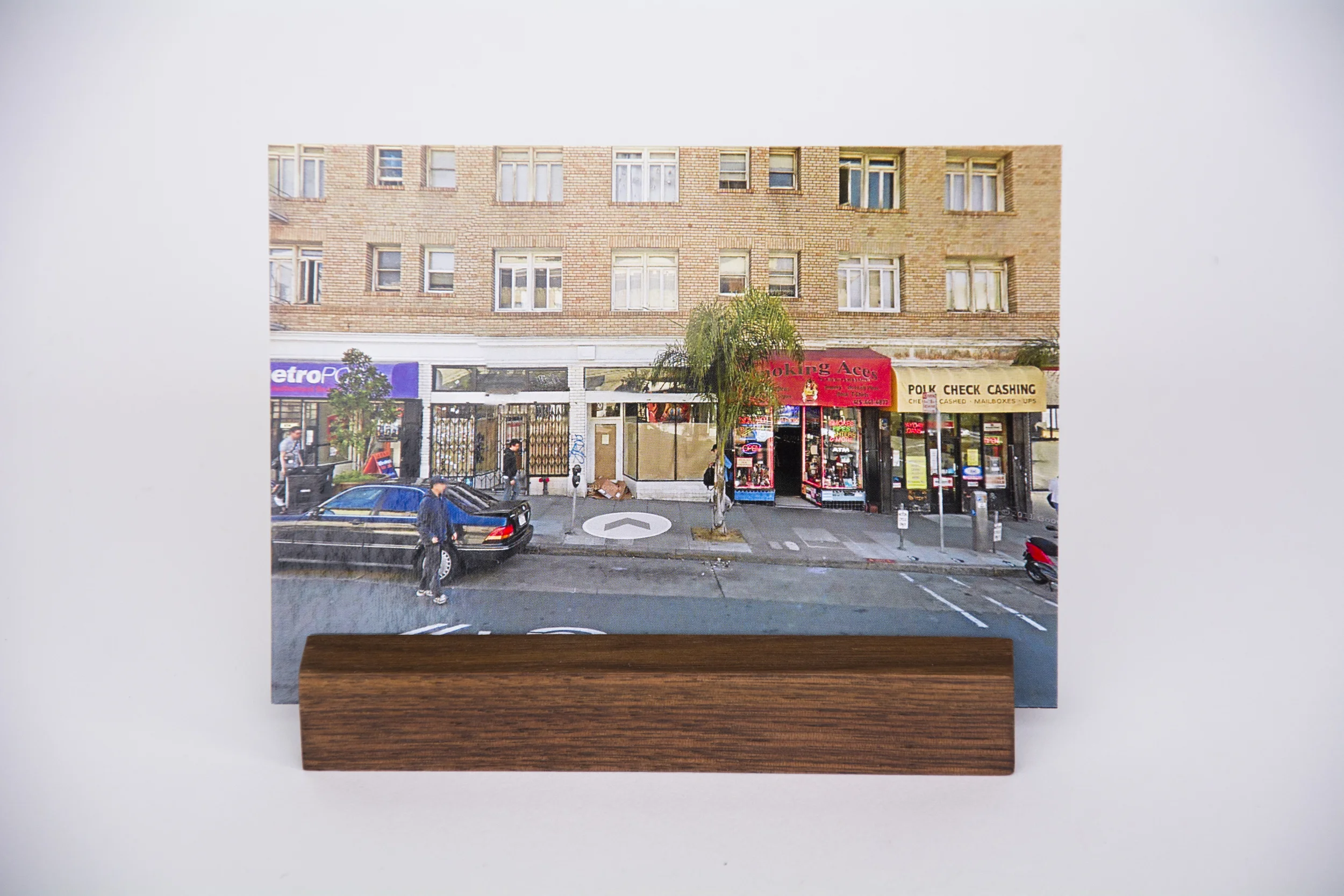 COLL.EO A NEW AMERICAN DREAM (2014) Digital photographs, walnut wooden postcard holder (5 x 1 inches), postcard (4 x 6 inches)