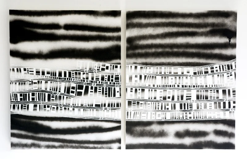 Colleen Flaherty, operating in the air, oil and spray paint on canvas, 22" x 60", 2015