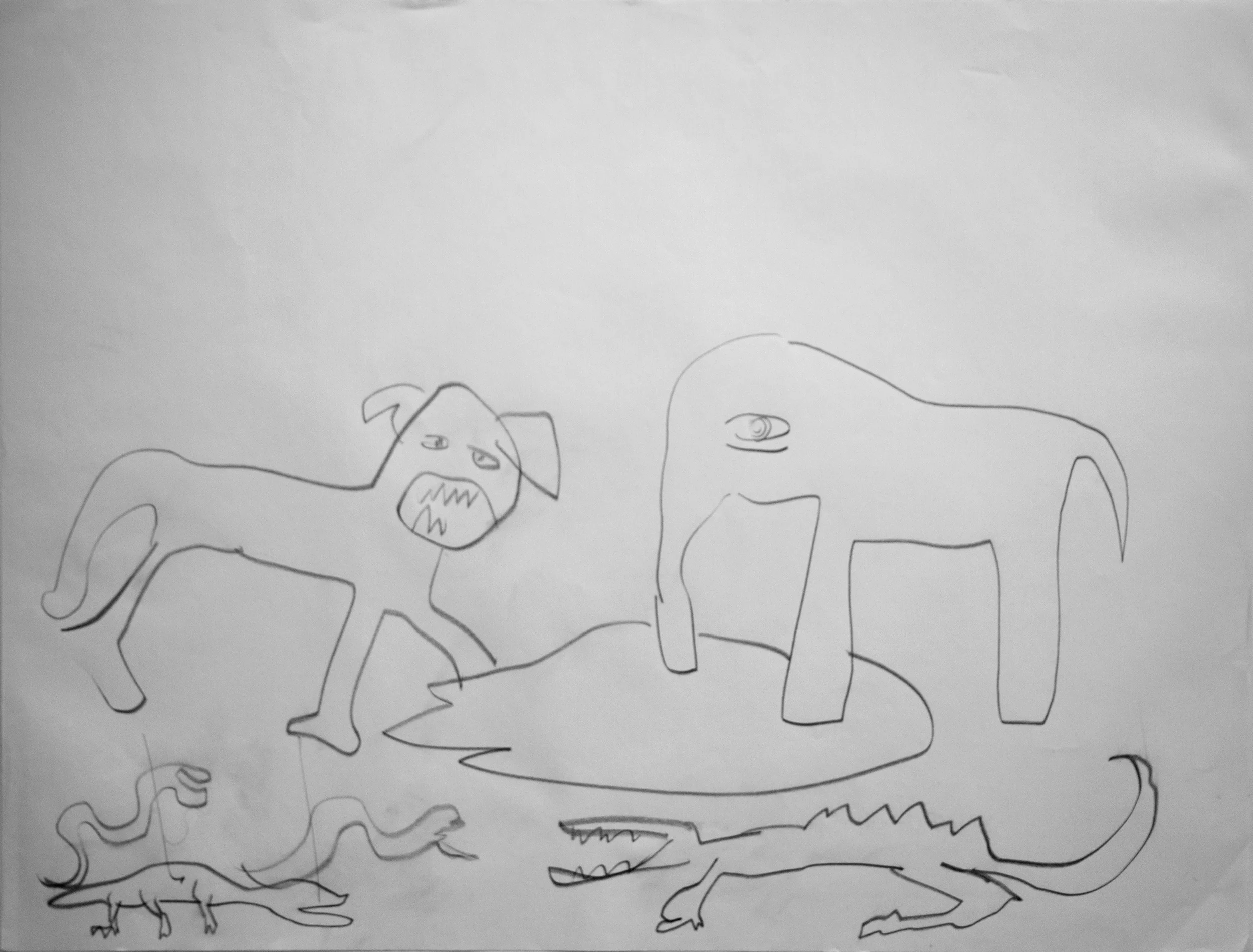 Området ovanför djuren föreställer blå himmel Alue eläinten yläpuolella esittää sinistä taivasta The Space Above The Animals Is Supposed To Be a Blue Sky Blyertsteckning, 2014