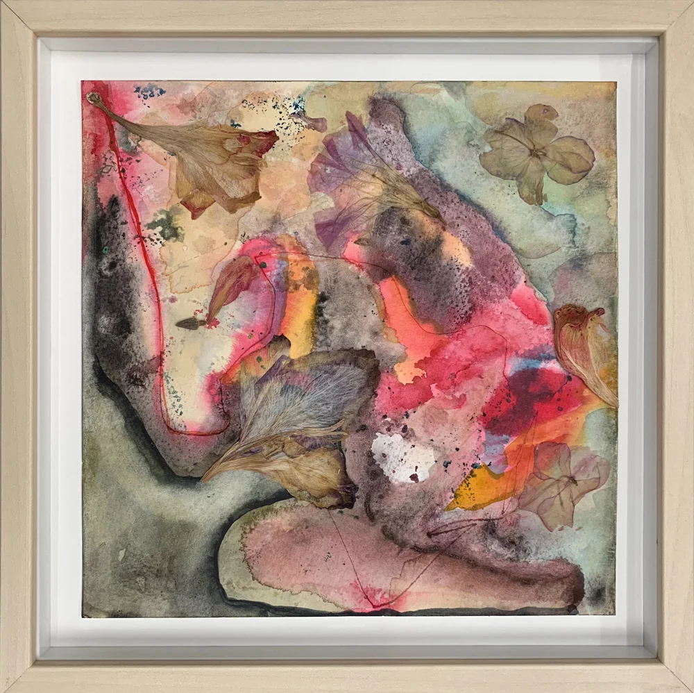 #39 Nina Meledandri waiting for spring Watercolor, ink and pressed flowers on paper 8x8", 2019