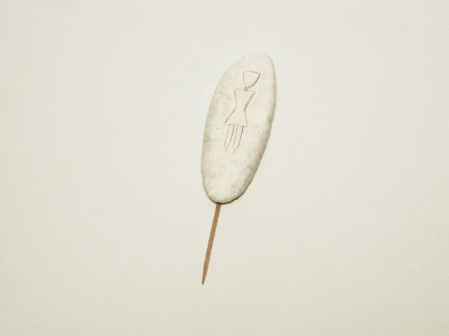 #40 Cyrilla Mozenter, arctic marker Cuttlebone, wooden craft stick, pencil, and cut-and-pasted Japanese handmade mending paper 7 x 2 x .75 in, 2013