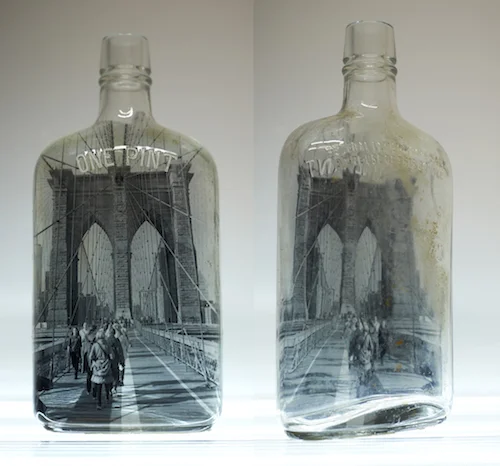 #43 Barbara Norman Brooklyn Bridge Bottle Silver Gelatin Image hand printed on vintage bottle 8” high x 4” wide x 1.5” deep, 2018