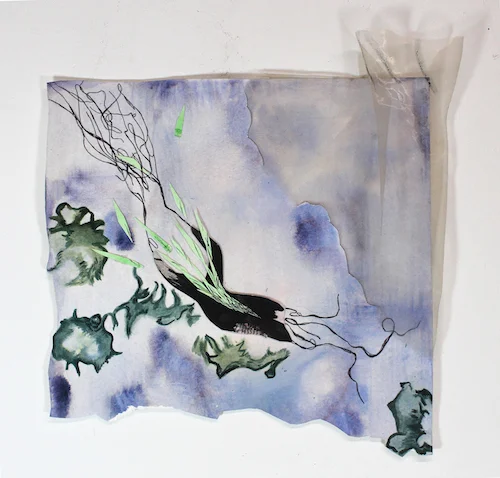 #61 Katherine Toukhy Whatever You Thought You Lost In Leaving Will Come Back Again Watercolor, organza, ink, collage on paper, 11 x 12 in, 2018