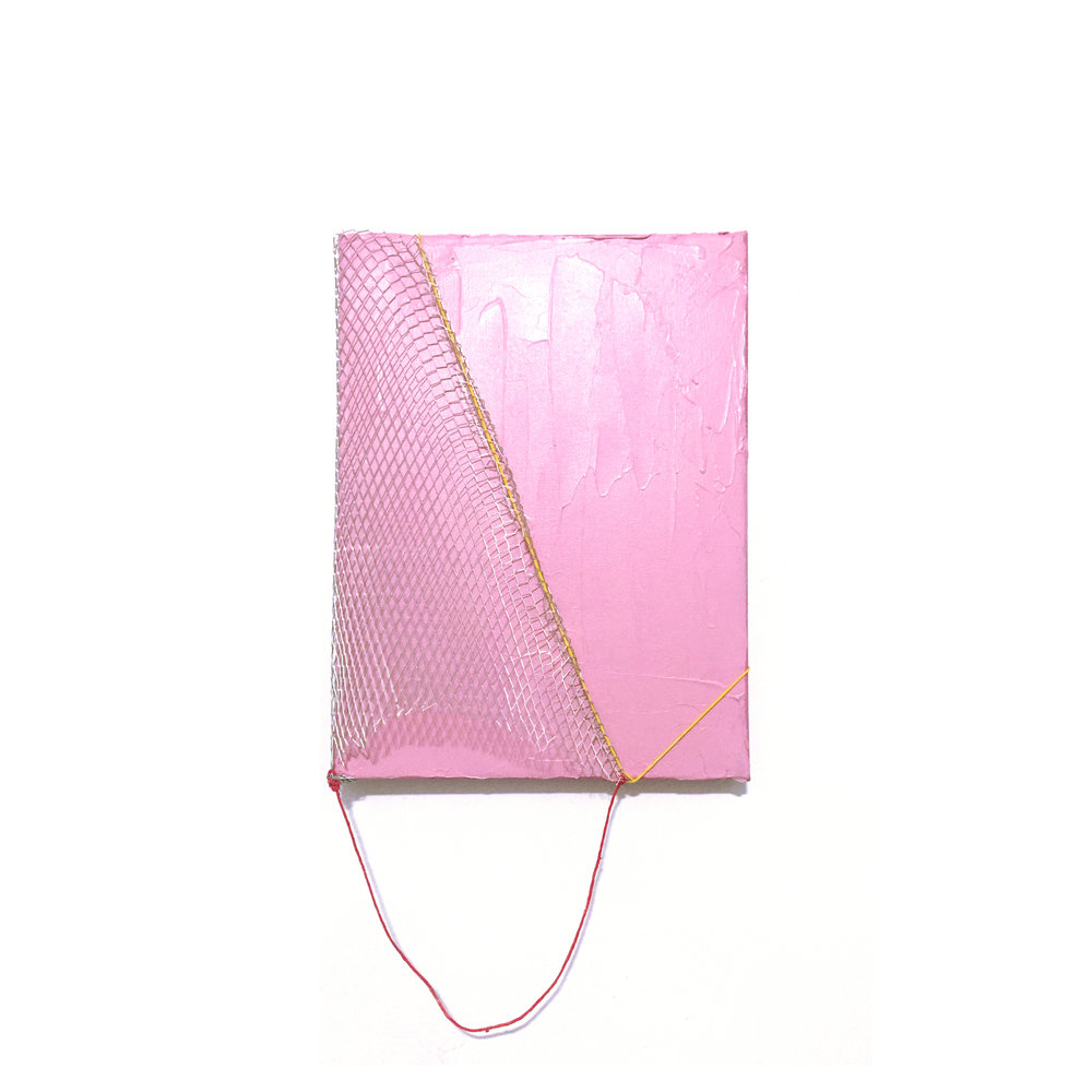 #75 Alex Markwith PINK / YELLOW / RED acrylic, string and wire mesh on canvas 17” x 9” x 3” 2018