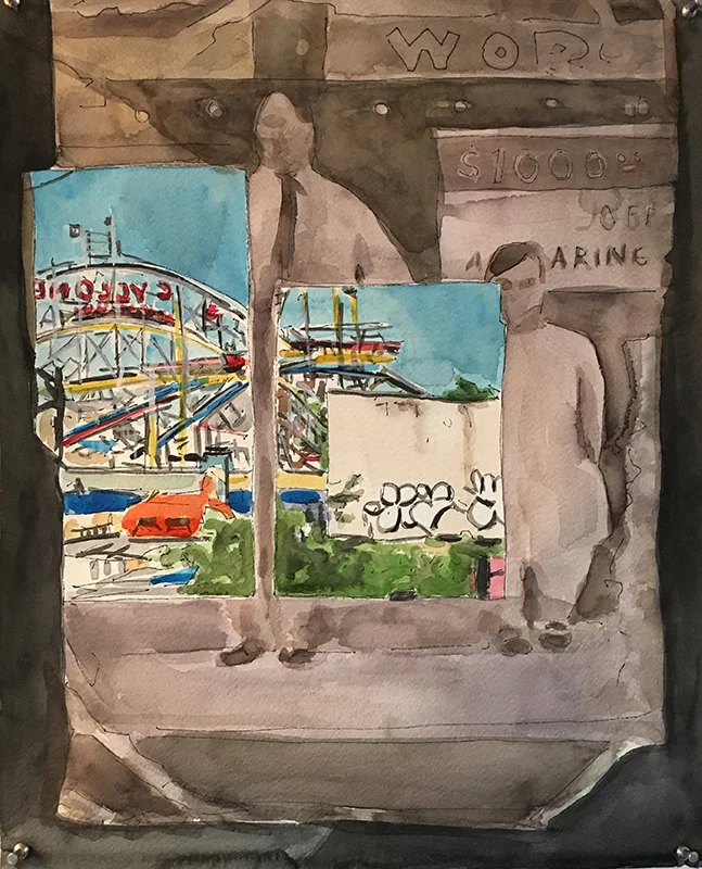 #76 Meridith McNeal Inside/Outside: CIM $1000 Ink and watercolor on paper 19x15 in 2016