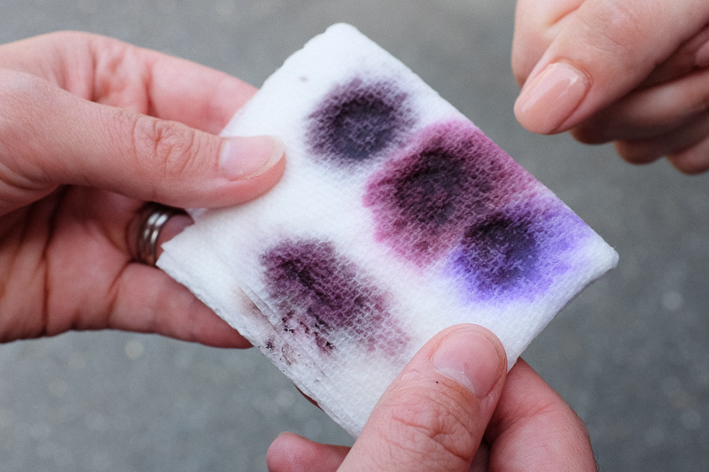 Julie explaining the colors of dye used in our Mussel Gray yarn.