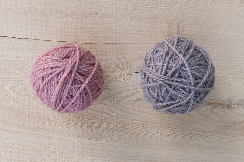 Our finished yarn. Left, Rosé. Right, Mussel Gray.