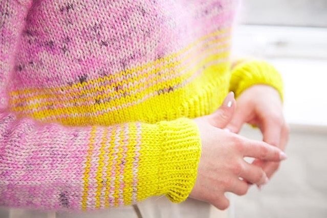 Beata&rsquo;s colorful version of the Nini pullover, the drop shoulder construction is so simple you really can make it your own!  She used @hedgehogfibres Alpaca DK in Typewriter held together with Kid Silk, Stripes are Alpaca DK in UFO 🛸The BOGO s