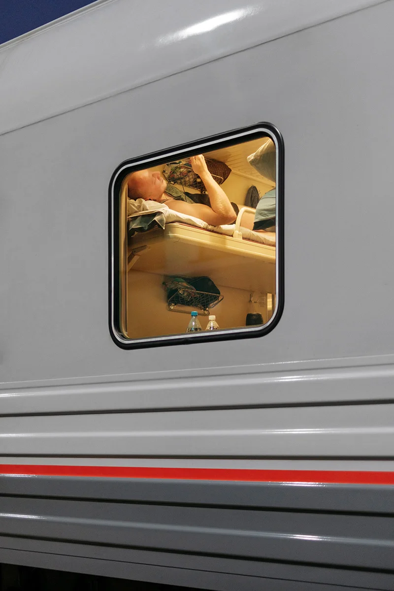 A passenger in the train from Omsk to Tatarsk on the trans-Siberian line.