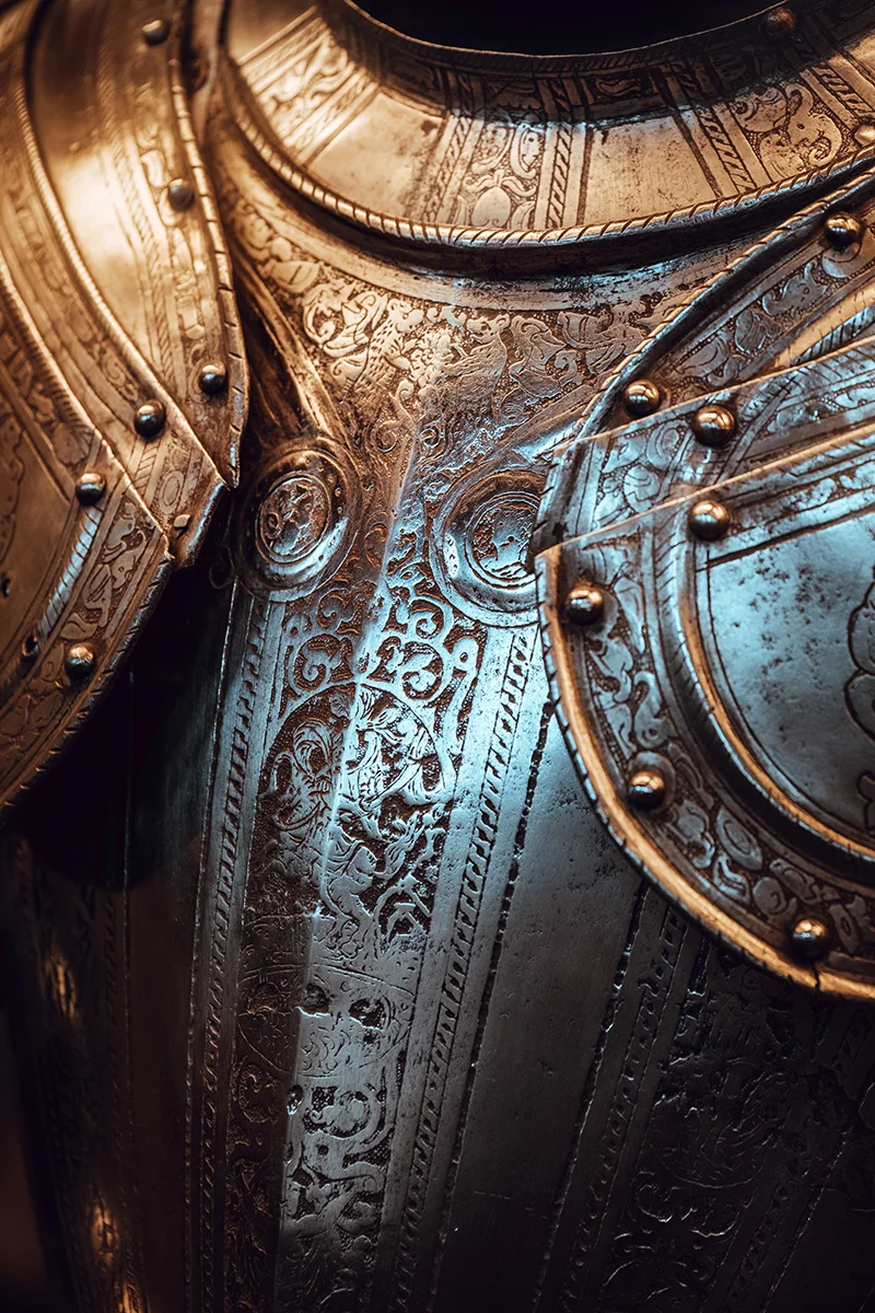 Detail of an ornated medieval armor at the permanent collection of the Musée d'art et d'histoire in Geneva, Switzerland.