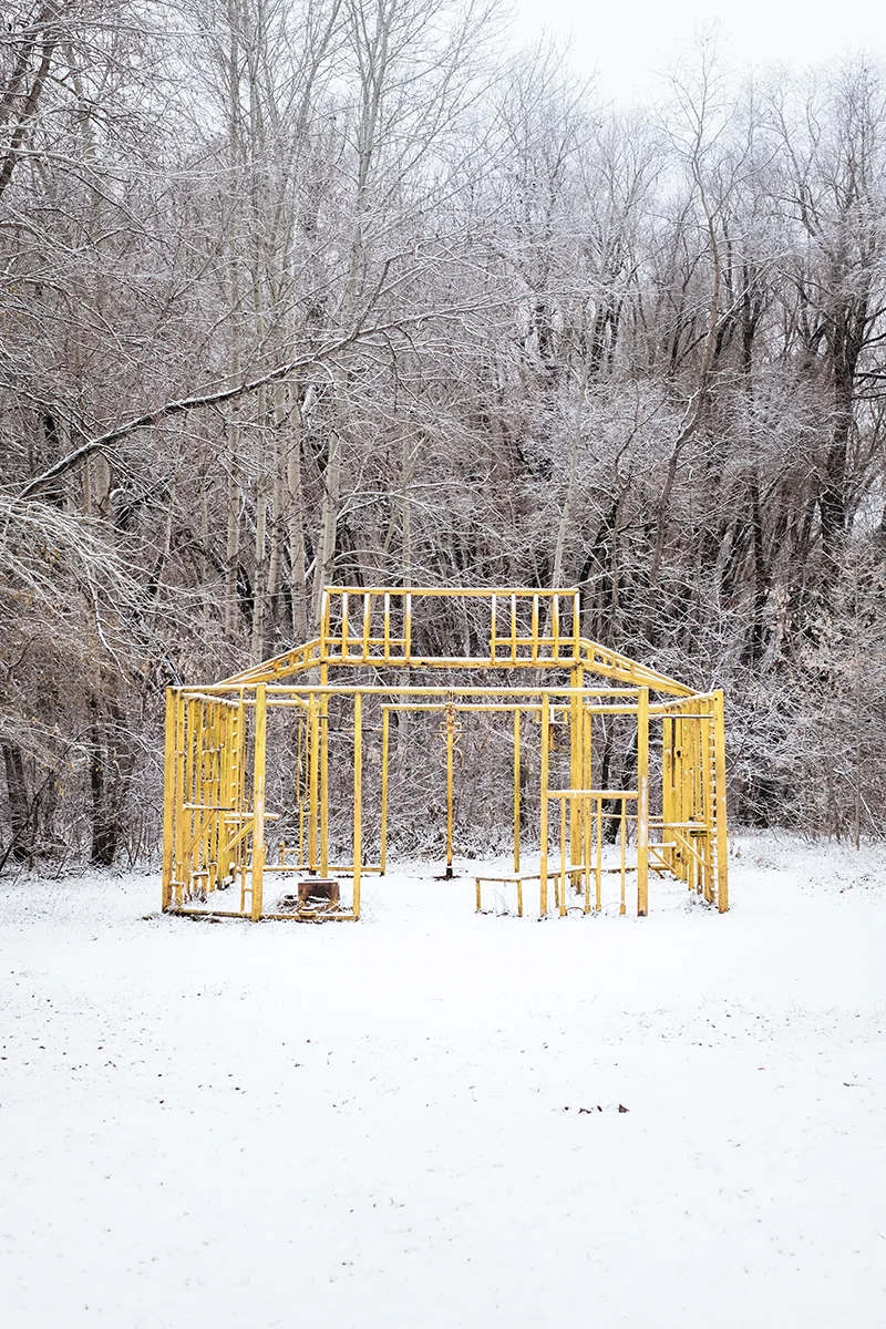 An outdoor exercising structure in the woods near the Irtysh river.