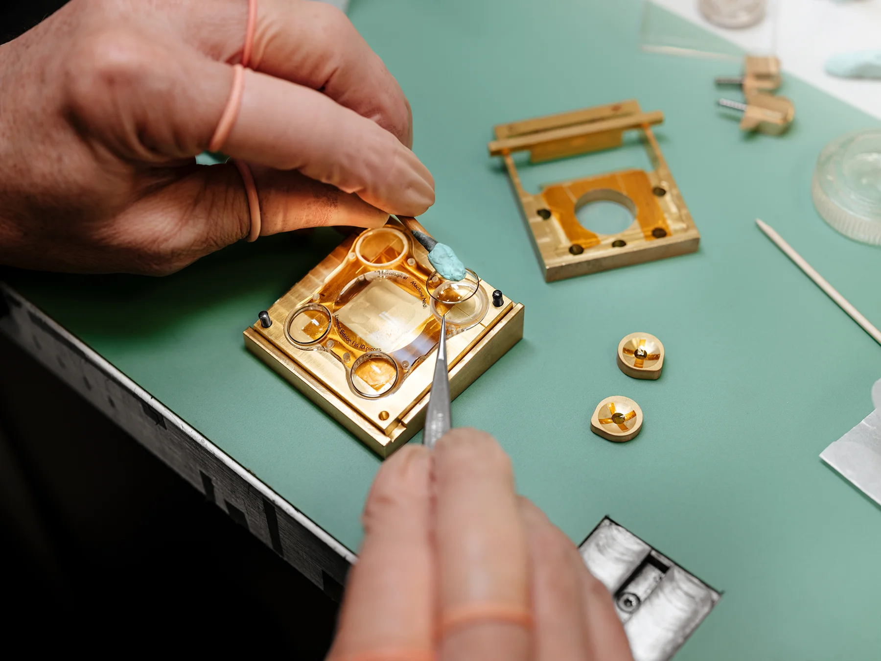 Assembly of the case in sapphire crystal of an SV edition of Horological Machine No.6 - aka HM6-SV at the MB&F atelier.
