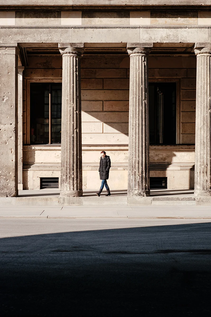 Walking between the columns of Museum island.