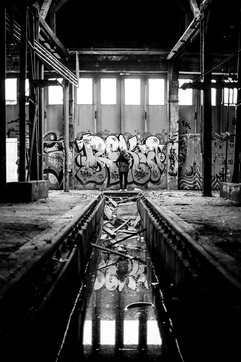 Exploring an abandoned train maintenance facility.