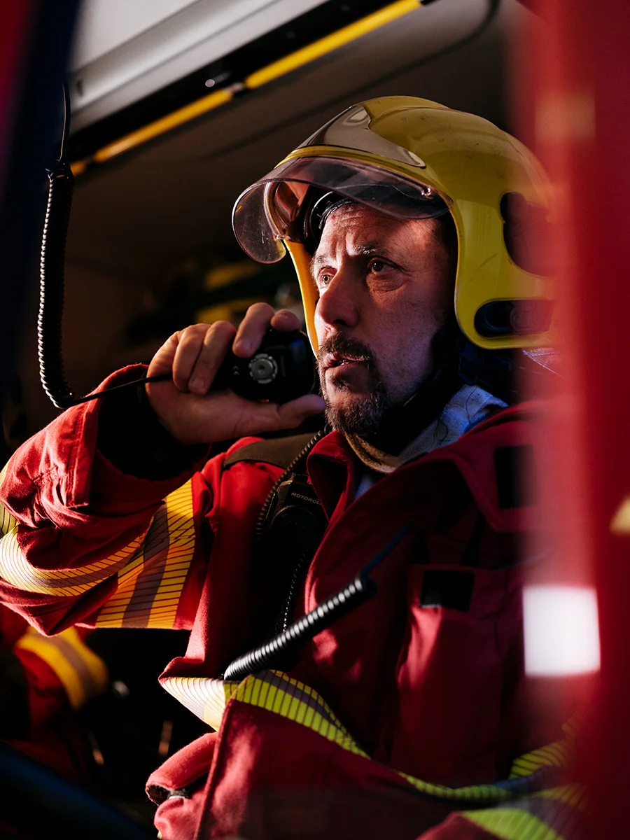 Rudy Fassin direct response crew (professional firefighters) inside a Proteus truck, in the firefighter hangar on the French side.