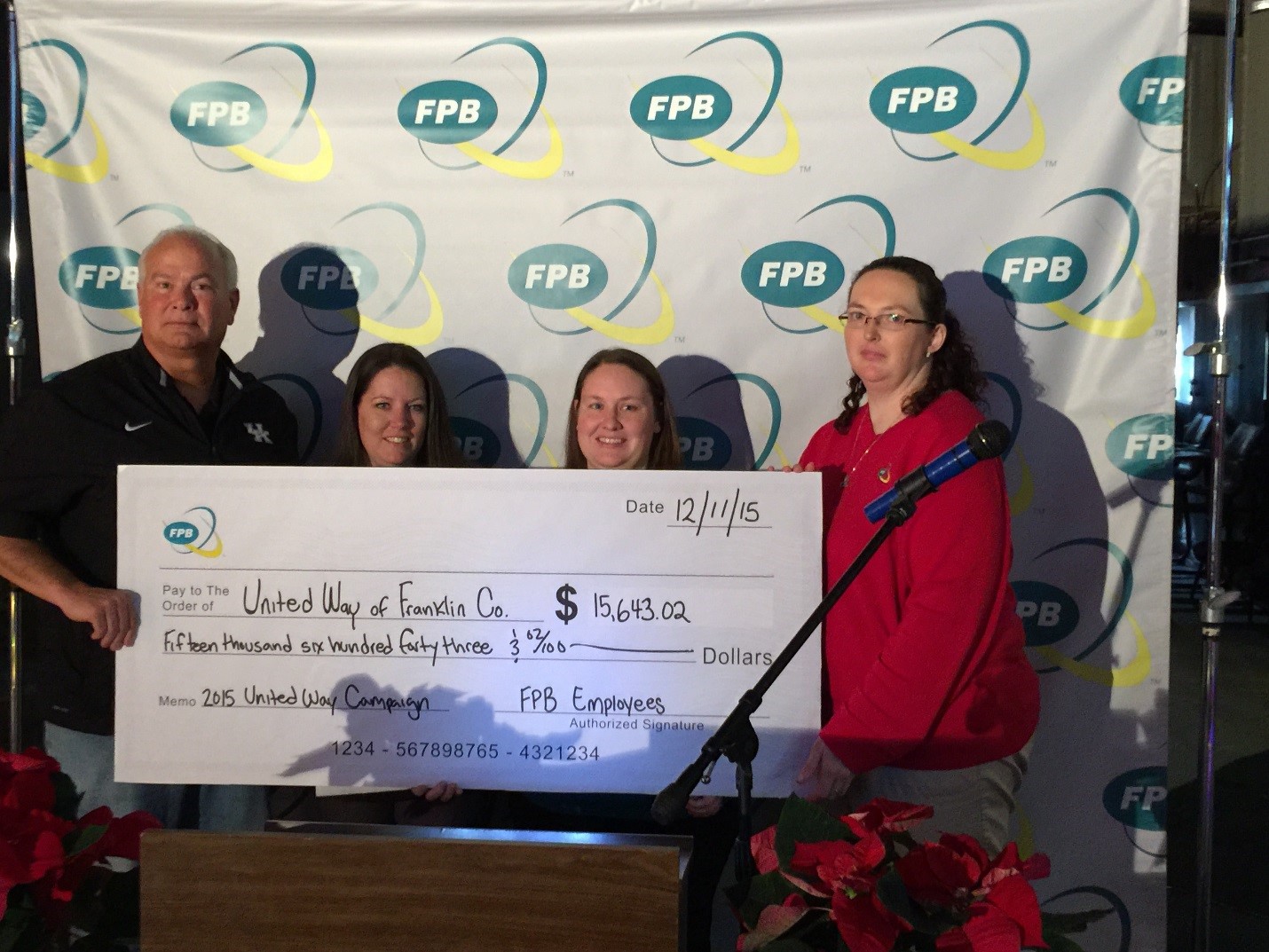 FPB presents a check to United Way of Franklin County Executive Director Randy Roberts.(Pictured left to right – Randy Roberts, United Way of Franklin County; and 2016 FPB Committee Members Michelle Early, Kim Bayes and Rebecca Wilson.)