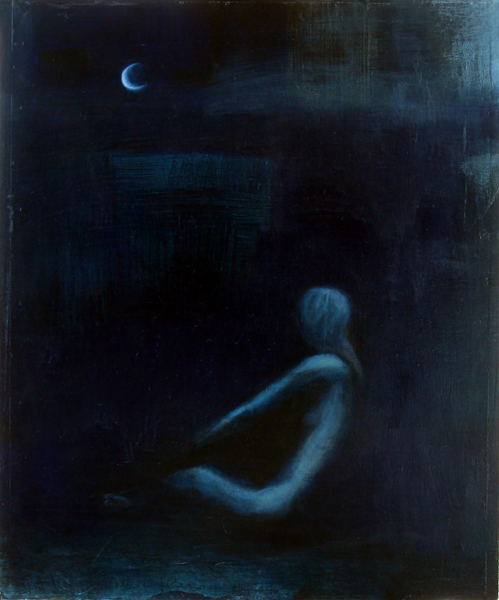 moonbather, mixed media on found drawer, 25x30