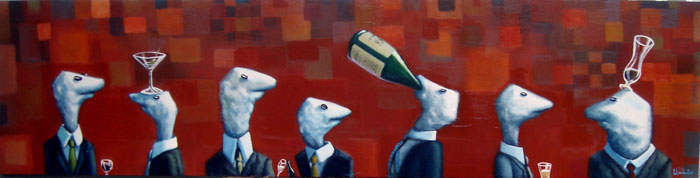 free corporate libations(red), acrylic on wood panel, 15x60