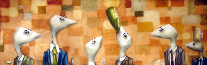 free corporate libations, mixed media on paper,  8x26