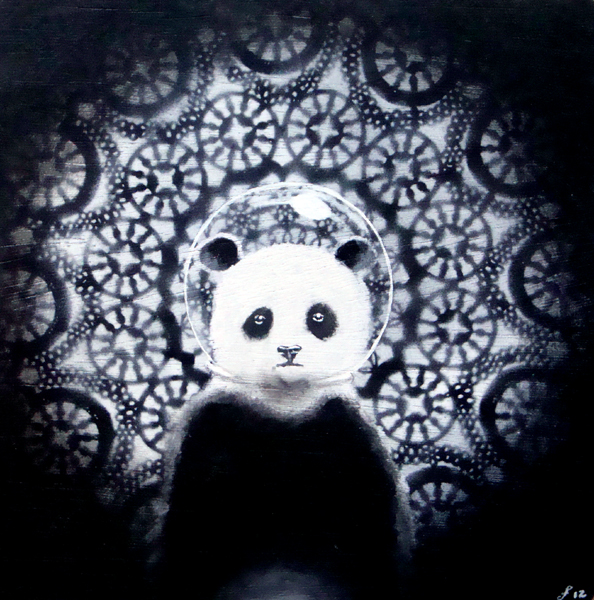 panda in space, acrylic and spraypaint on wood panel, 12x12