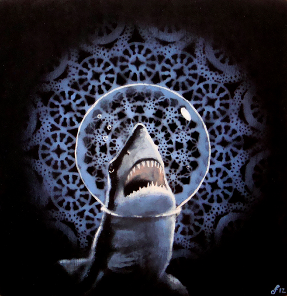 sharks in space, acrylic and spraypaint on canvas, 12x12