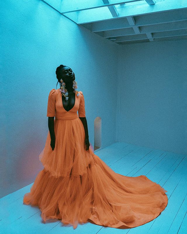 Hot summer nights...☀️🌒
.
.
.
.
Gown: Elizabeth Dye 
Hair and makeup: Kirstie Wight 
Coordination: Gather Events 
Model: Mariama 
Earrings: Elizabeth Bower 
Venue: Vessel Space 
Videography: Moving Pictures