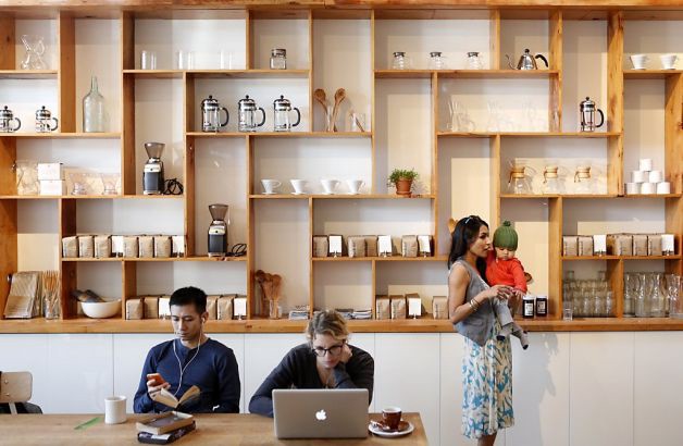 home brew equipment, Warby Parker glasses, fashion-forward clientele at The Mill, San Francisco