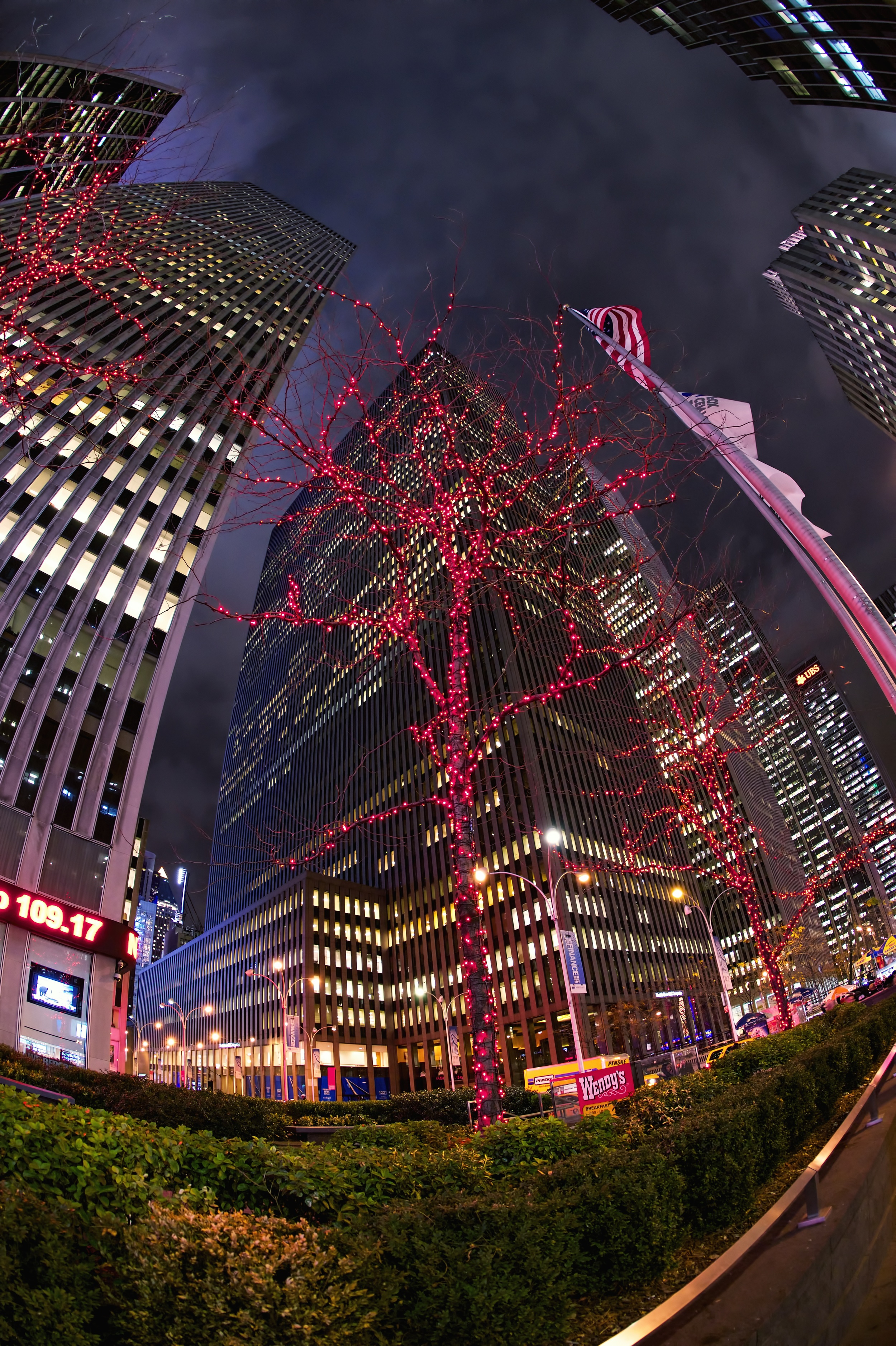  Avenue of the Americas, Manhattan with Christmas decorations on the trees. 