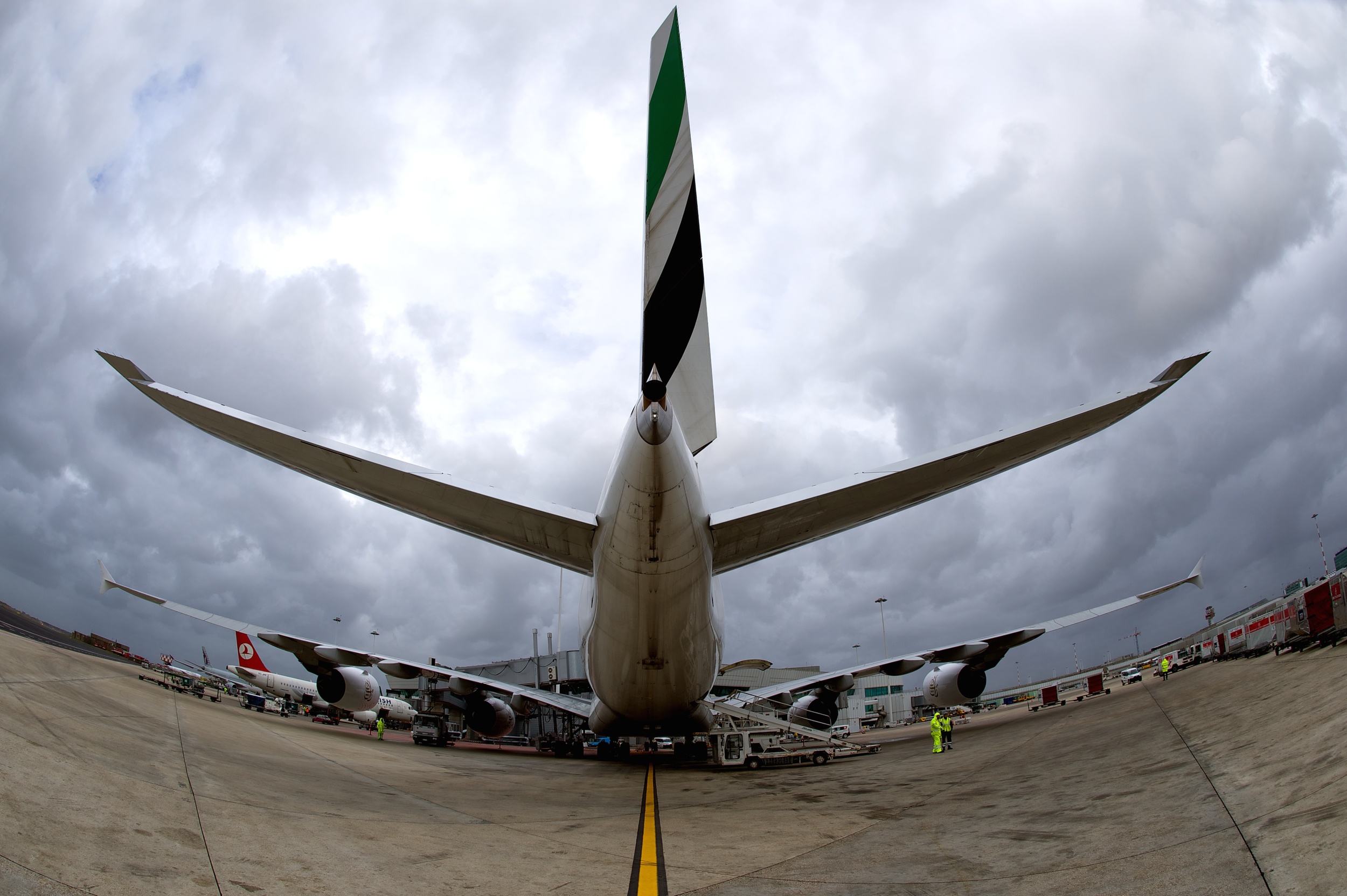  Airbus A380 at stand 703 in Rome Fuimicino. 