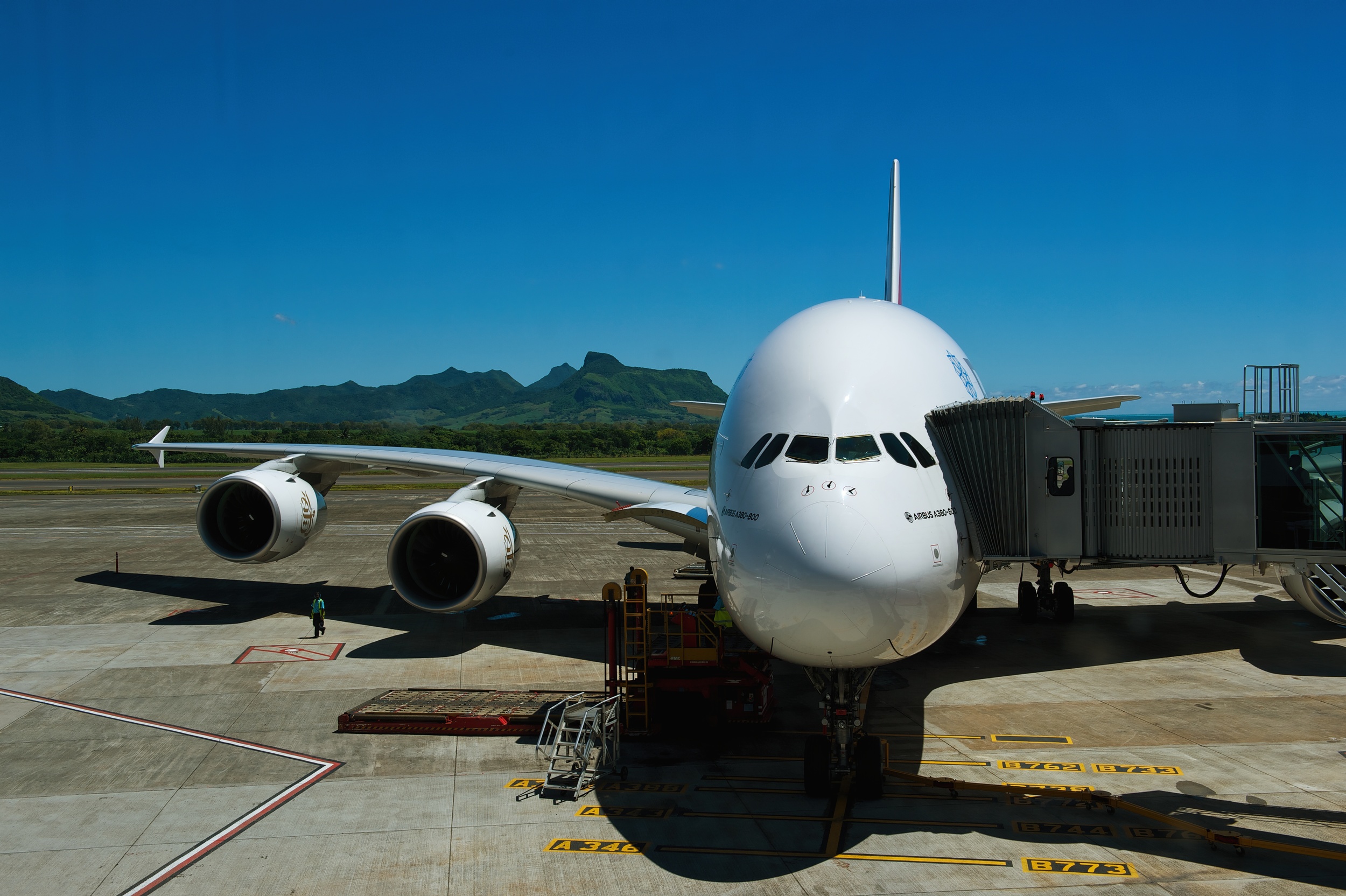  Airbus A380 at the gate in Mauritius, Plaisance Airport. 