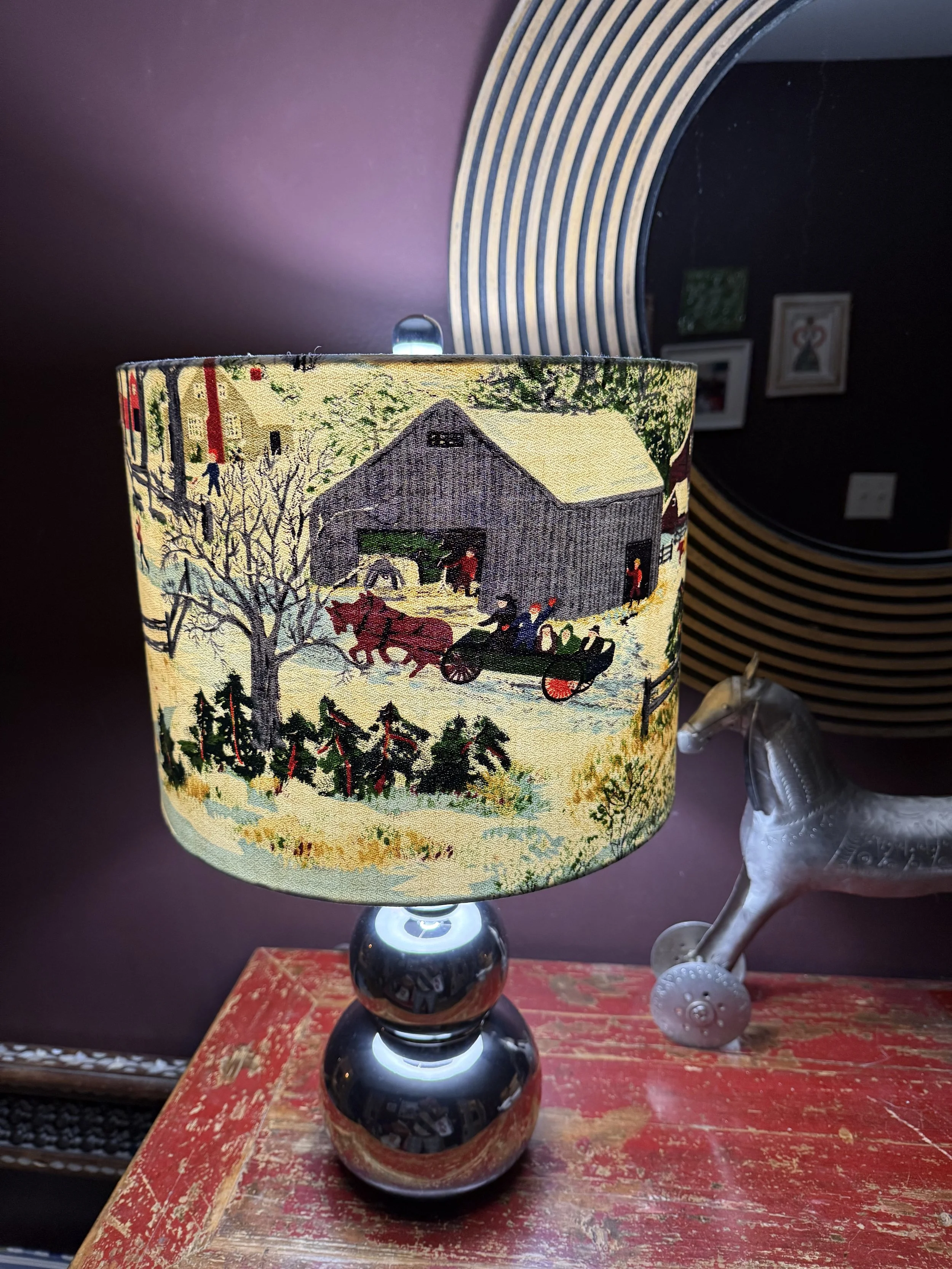  One-of-a-kind lampshade made with vintage Grandma Moses barkcloth. -SOLD- 